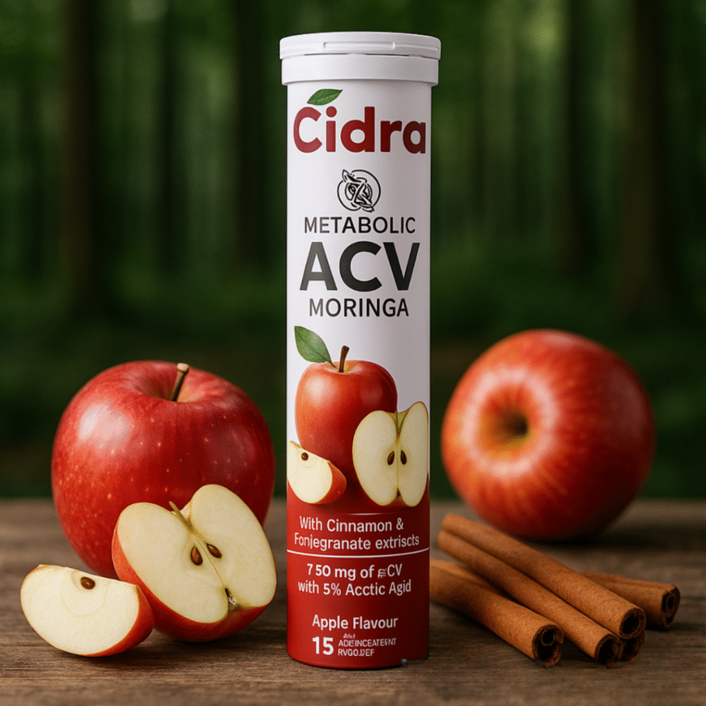 Cidra Metabolic ACV Moringa supplement label showing apple cider vinegar and moringa ingredients